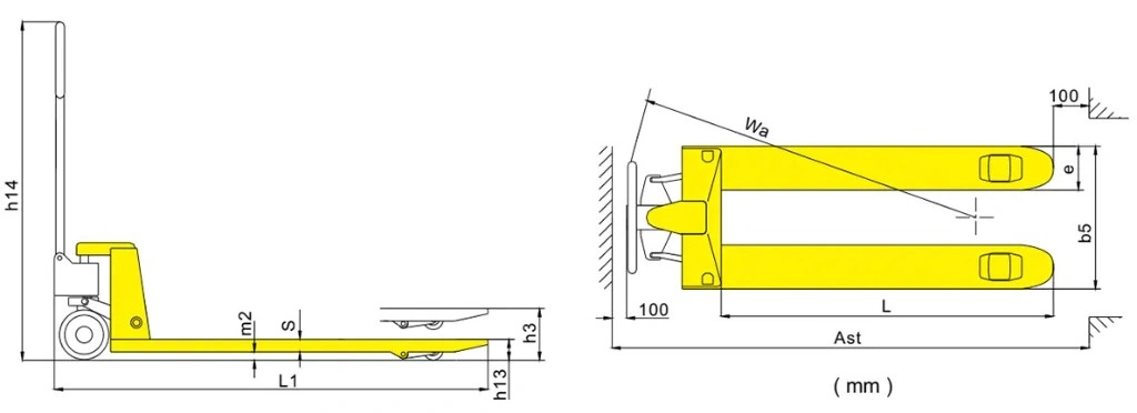 RPV2500STD/RPV3000STD-käsikäyttöisen haarukkavaunun mittapiirros